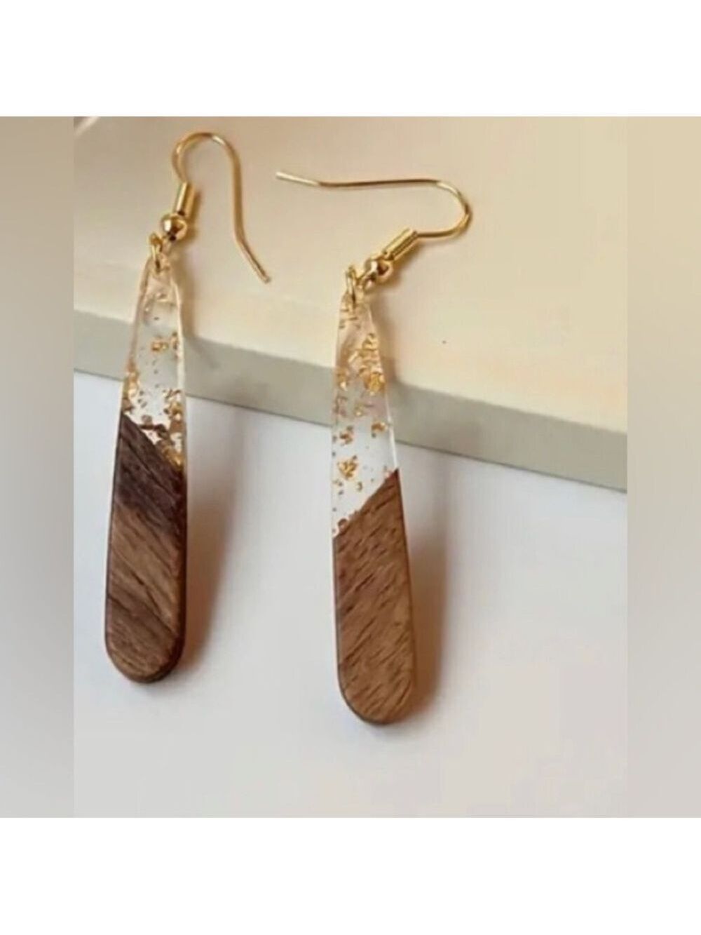 Wood Clear Gold Resin Two Tone Teardrop Dangle Earrings Boho - Picture 3 of 5